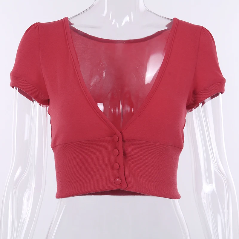 WannThis, короткий рукав, глубокий v-образный вырез, кроп-топы, Женская Сексуальная футболка, красная ребристая трикотажная летняя винтажная тонкая облегающая укороченная уличная одежда