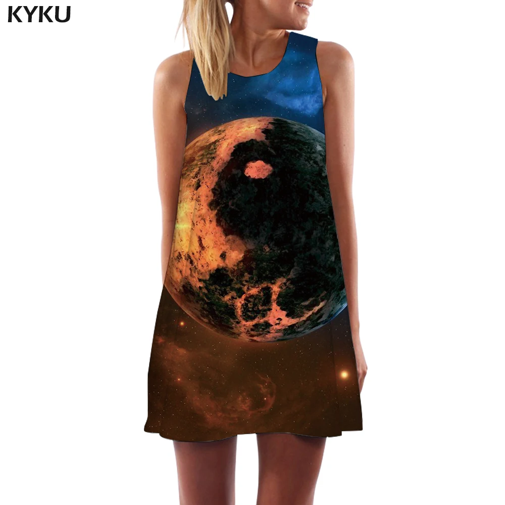 

KYKU Brand Galaxy Dress Women Moon Ladies Dresses Yin Yang Party Graffiti Sexy Gothic Boho Womens Clothing Casual New Cool