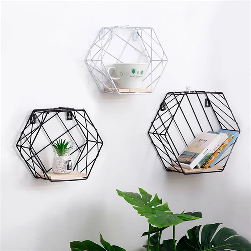 

Iron Hexagonal Twill Grid Wall Shelf Wall Hanging Geometric Figure Wall Decoration For Living Room Bedroom