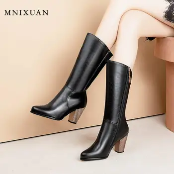 

MNIXUAN Western Boots Shoes Woman Militaris mid-calf boots 2019 winter round toe zipper block high heeled white shoes size 41 42