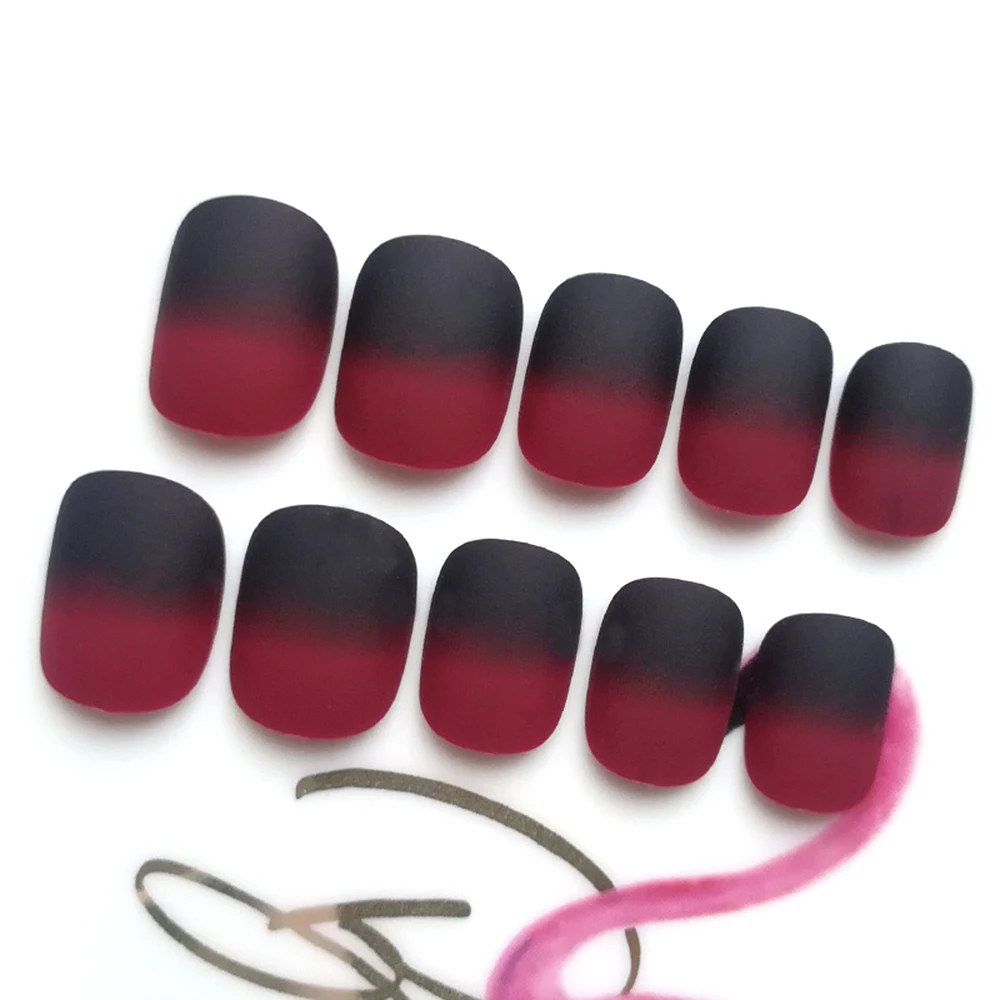 24 шт дизайн ногтей Очаровательные Элегантные винно-красные черные градиентные цвета матовые накладные ногти полное покрытие ногтей искусственные Кончики ногтей с клеем