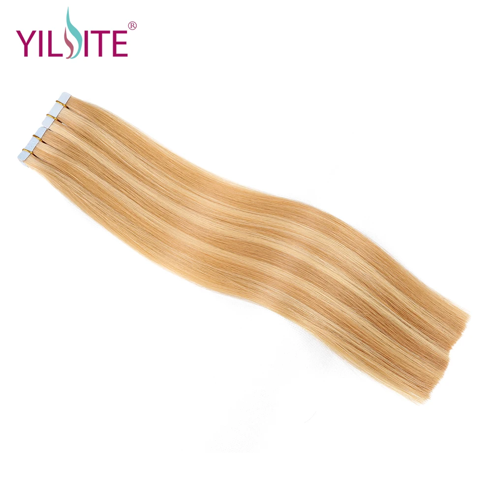 YILITE 16 pulgadas cinta en extensiones de cabello humano color Piano 27/613 # europeo sedoso recto Remy piel trama cabello 20 piezas envío Gratis