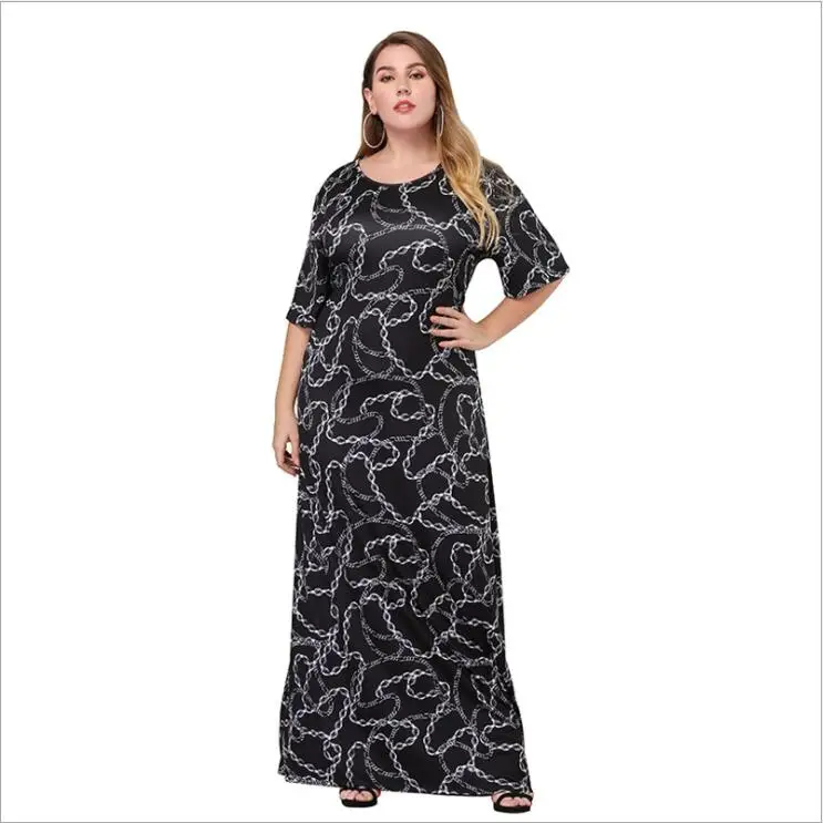 New summer women's round neck mid-sleeve slim large size dress | Женская одежда