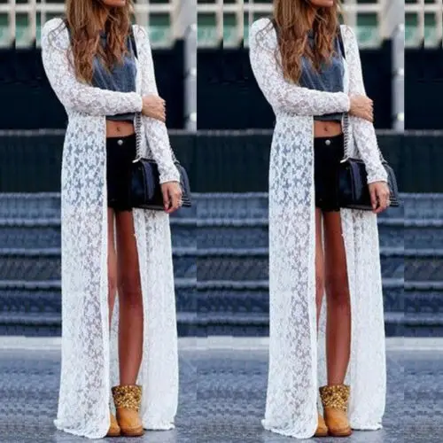 White Solid Sexy Women Hollow Out Sheer Lace Bikini Long Sleeve Regular Cover-up Summer Cardigan Swimwear Beach Dress |