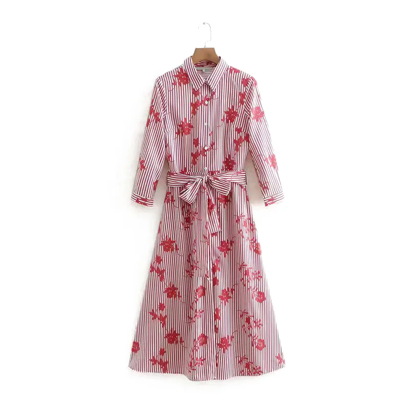

Summer Women Buttoned Shirt Dress Women Casual Striped Floral Full Sleeve Dress Vintage Slim England Style Sundress with Bow