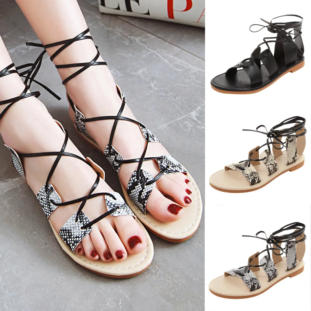 

Women Sandals Open Toe Flat Shoes Ankle-Cross Summer Beach Shoes Lace-Up Sandals Animal Prints rome leisure vacation style 35-43