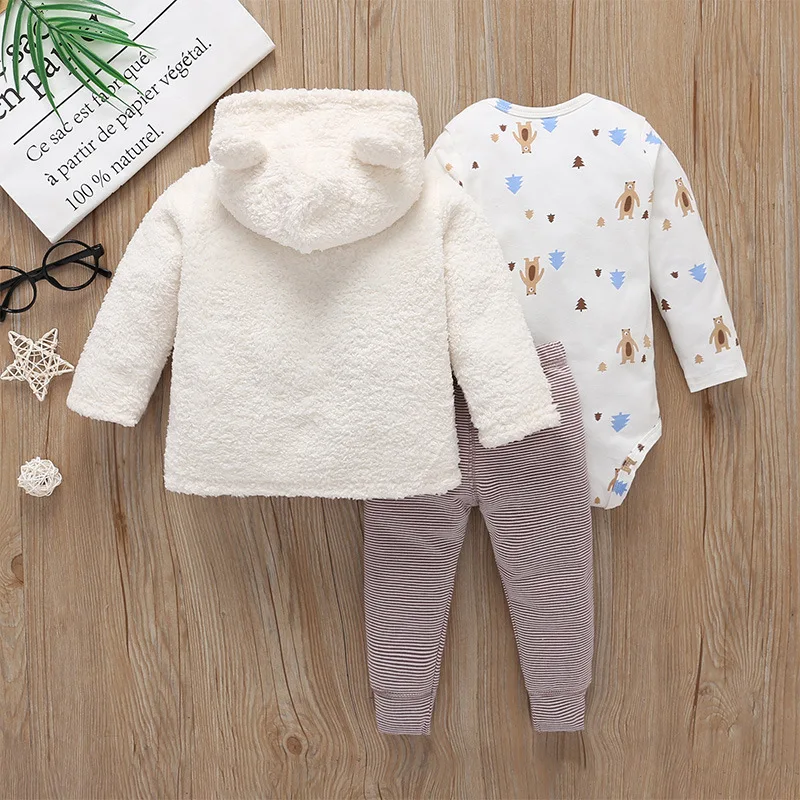 3PCS Infant Baby Clothing Sets Winter Bear zipper Coat Sweater+Pants+Bodysuit Newborn Baby Boy Girl Clothes Outfit 3-6M-24M