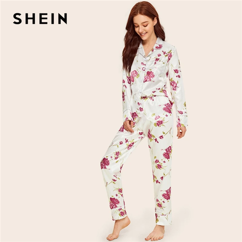 Женский Атласный пижамный комплект SHEIN комплекты с длинными карманами и