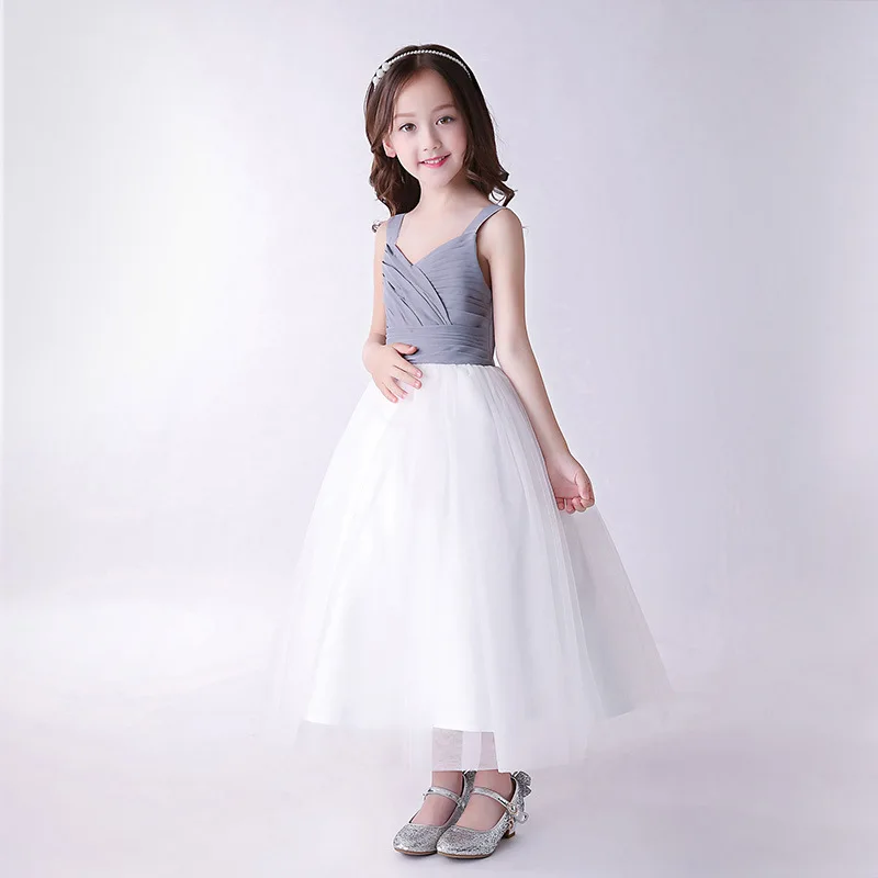 Cinza e Branco de Tule Festa de Formatura Vestido de Baile Elegante Estilo Flor Meninas Vestidos Crianças Suspender Casamento Roupas 8 Elegante Estilo Flor Meninas Vestidos Crianças Cinza