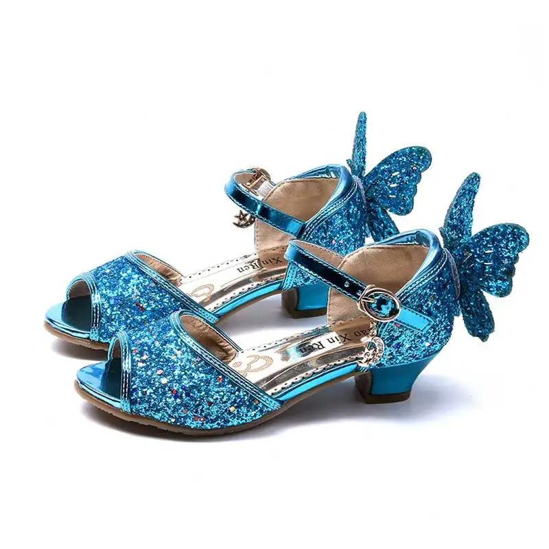 Обувь для девочек; блестящие детские сандалии принцессы с бабочкой; сезон весна-лето; детская Свадебная обувь на низком каблуке для девочек; обувь для вечеринок - Цвет: 815 blue