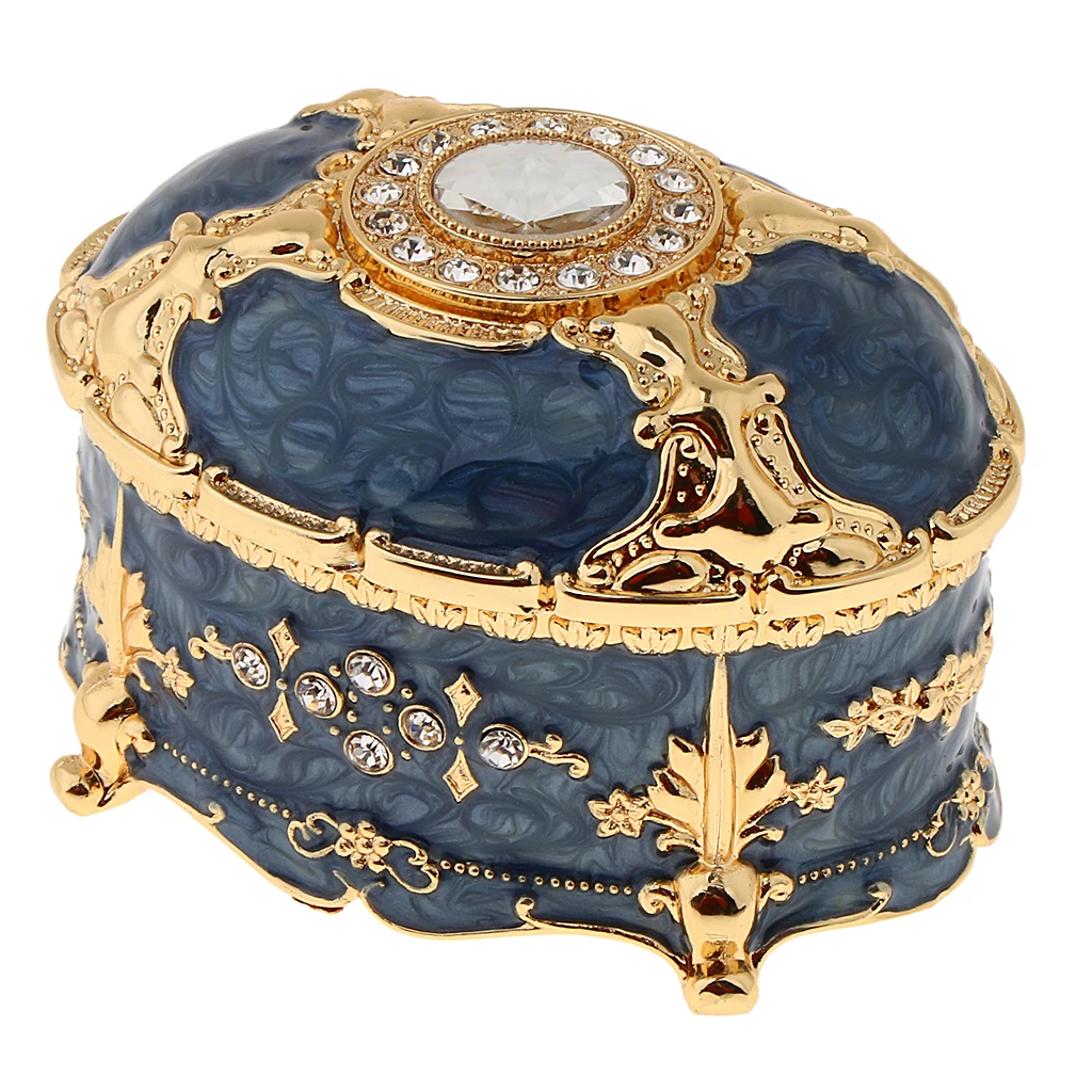 Crystal Enamel Oval Metal Vintage Jewelry Box Gift Earrings Ring Storage Box