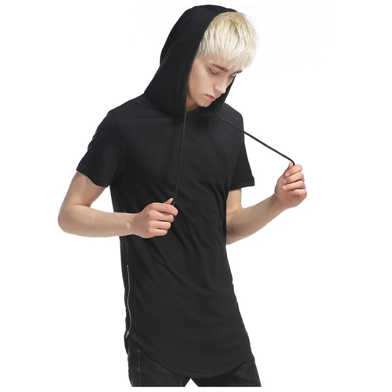 

Men 2019 Brand Short Sleeves Hip Hop Male T-Shirts Mens Hooded Zipper Decoration Casual Mens Tshirt Slim Tops XXL