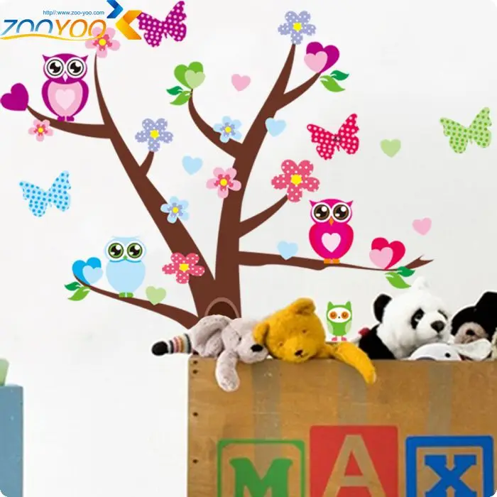Мудрые Совы бабочки на красочном дереве, настенные наклейки для детской комнаты 1006, декоративные наклейки для детской комнаты, домашний декор, ПВХ наклейка на стену