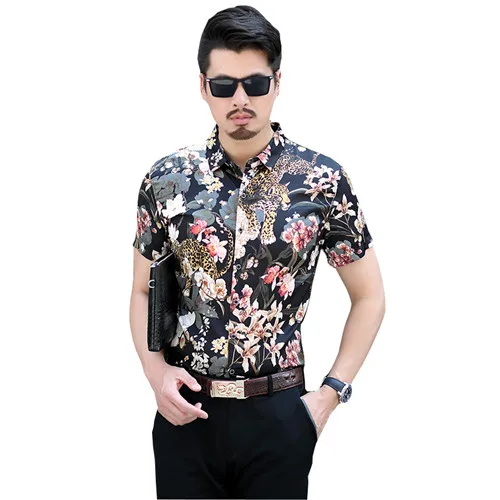 С коротким рукавом Для мужчин рубашка Летняя мода Повседневное Большие размеры Для мужчин s рубашки высокого качества мерсеризованный хлопок рубашки с цветочным принтом человек социального - Цвет: Черный
