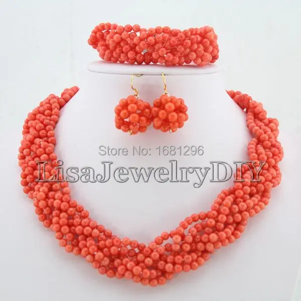 

Charming Handmade Plait African Coral Beads Jewelry Sets Nigerian Wedding African Bridal Jewelry Sets HD0319