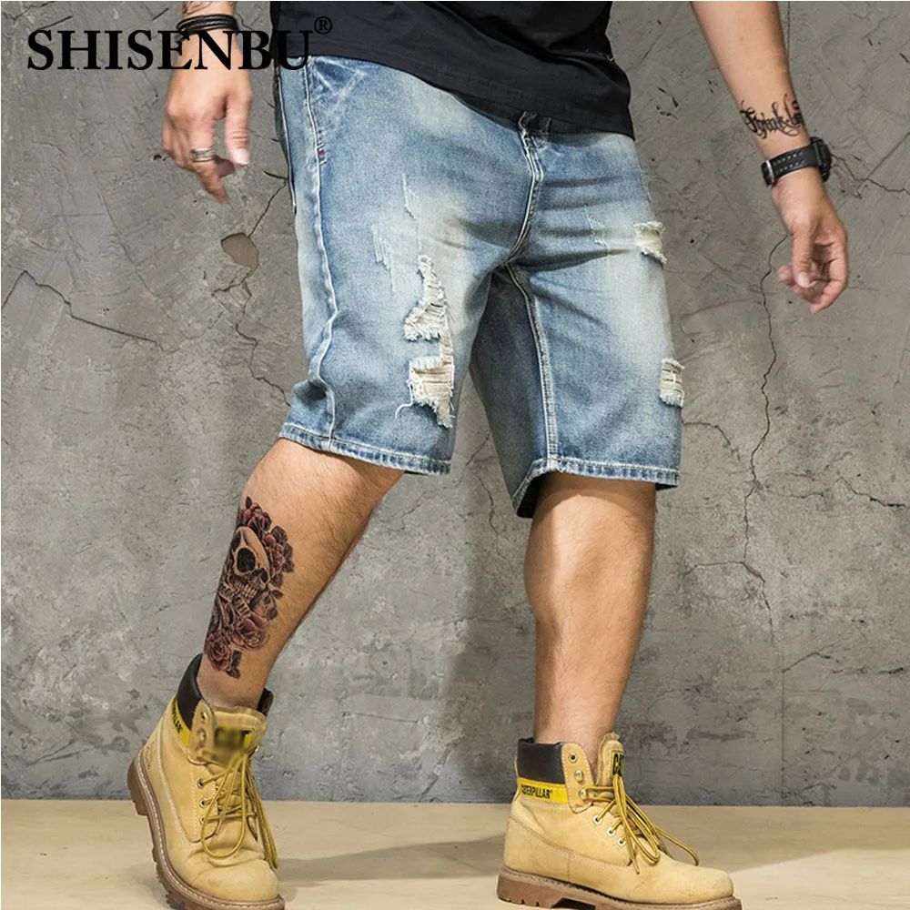 Синие джинсовые шорты мужские с дырками, хип-хоп, хлопковые джинсы, мужские, летние, до колена, тянущиеся, короткие, повседневные, тонкие, уличные, большие размеры