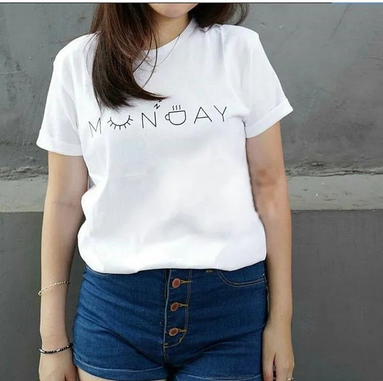 MONDAY Fashion Summer Women T-Shirt White Cotton Short Sleeve O-nek Letter Tisková trička Topy Casual Dámské triko Plus velikost