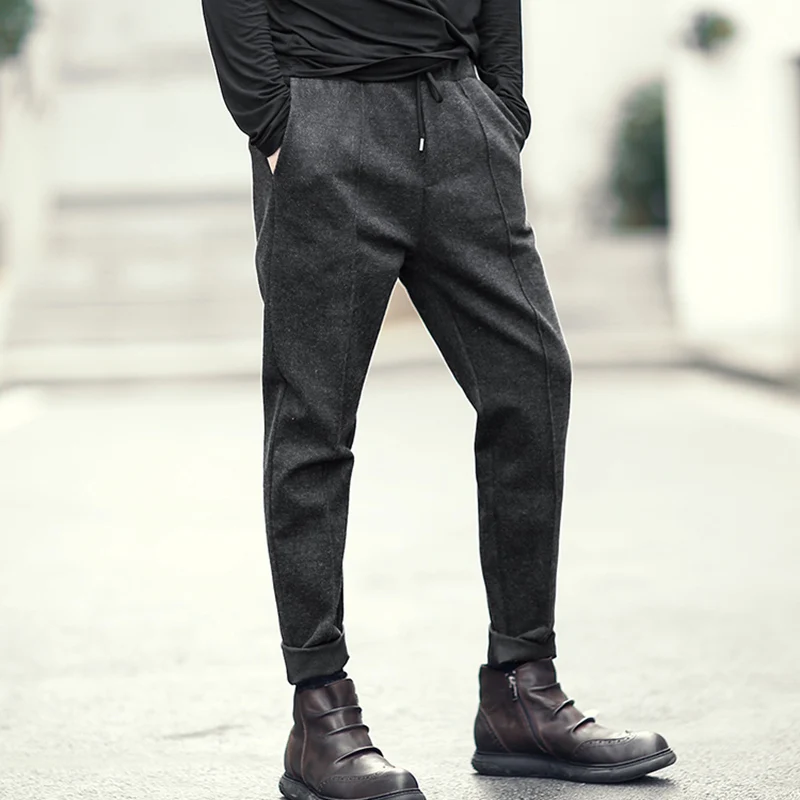 

2018 New spring men's rubber waist casual European style long pants woolen metrosexual man leisure slim brand design trousers