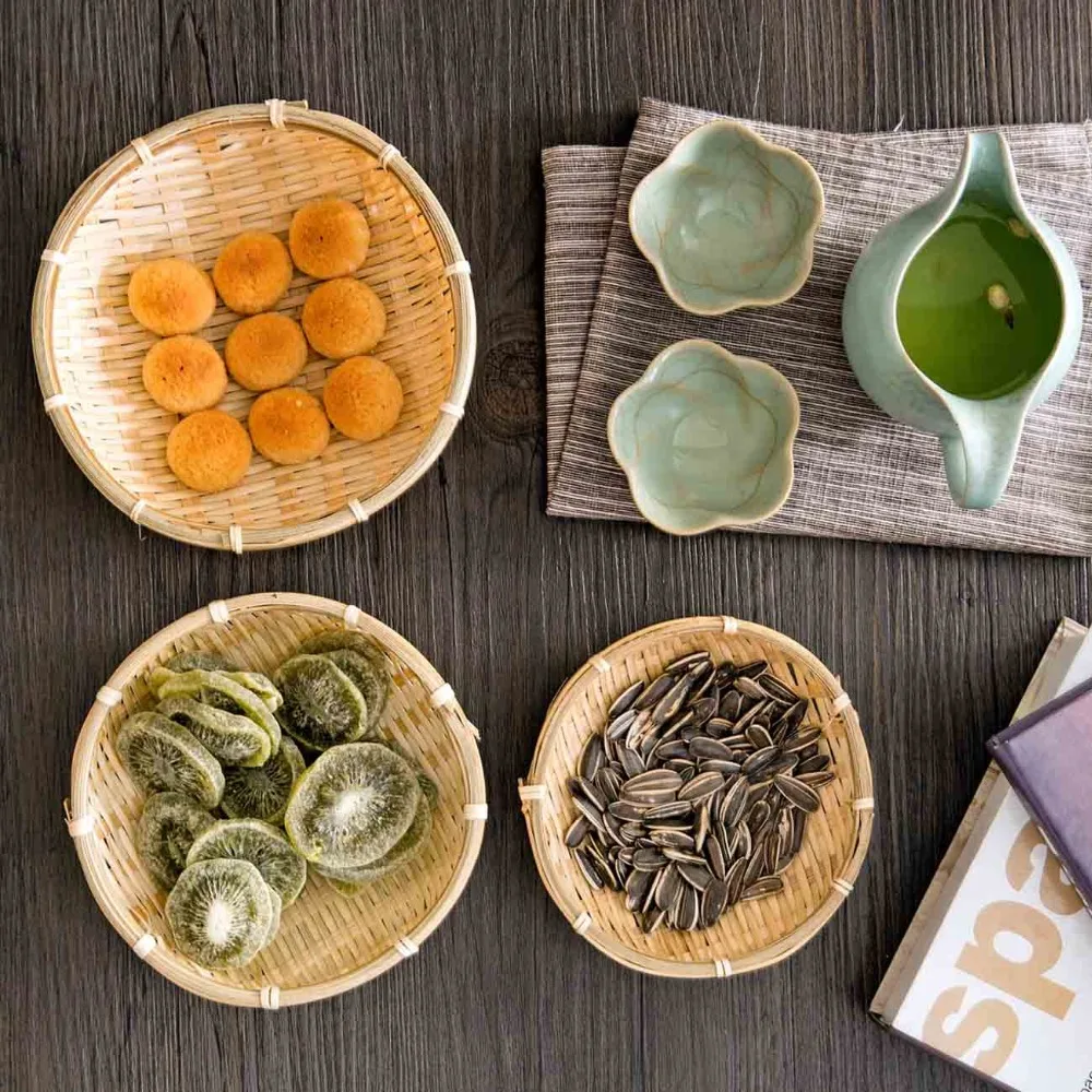 

Bamboo Round Snacks Fruit Plate Handmade Storage Tray Hand Knitting Bread Basket Food Basket Hotel Dining Tray