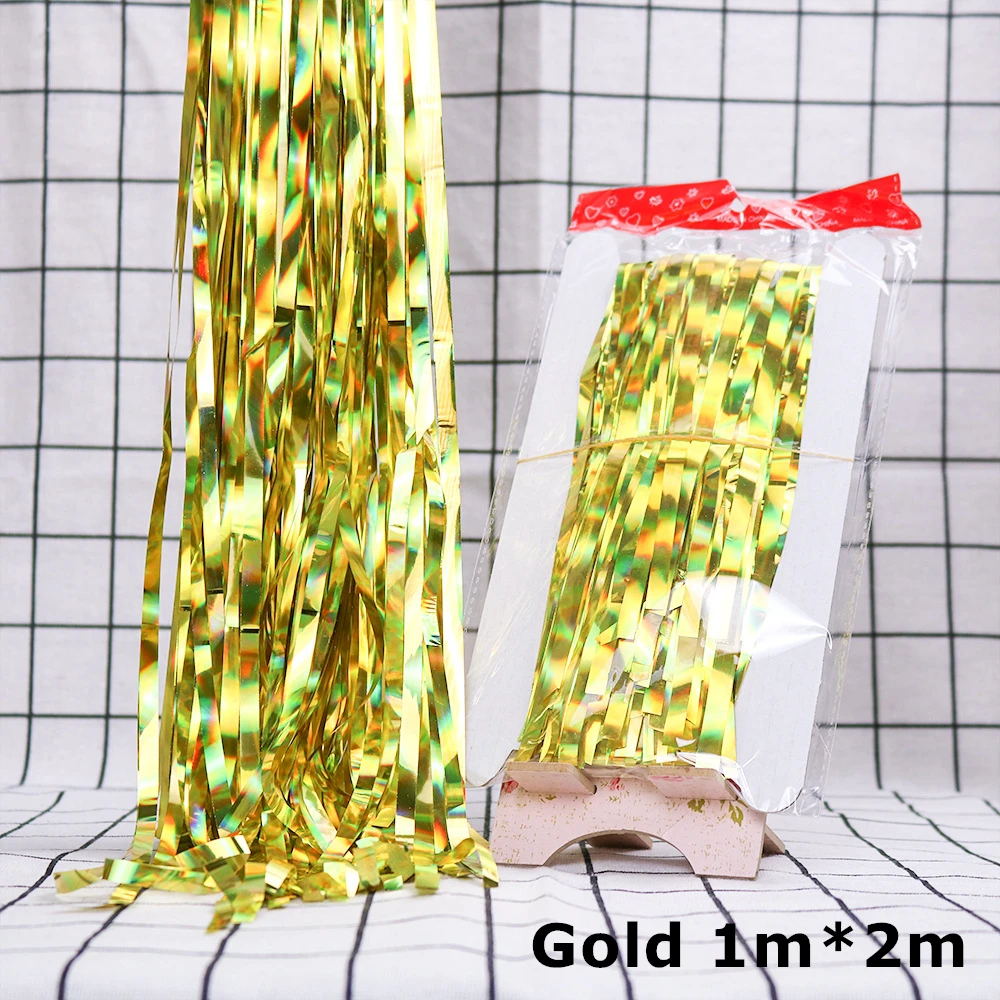 2M 3M Gold Silver Metallic Rain Foil Curtain Tinsel Fringe Tassel Birthday Party Wedding Decoration Backdrop Curtain Photo Props - Цвет: 2m gold