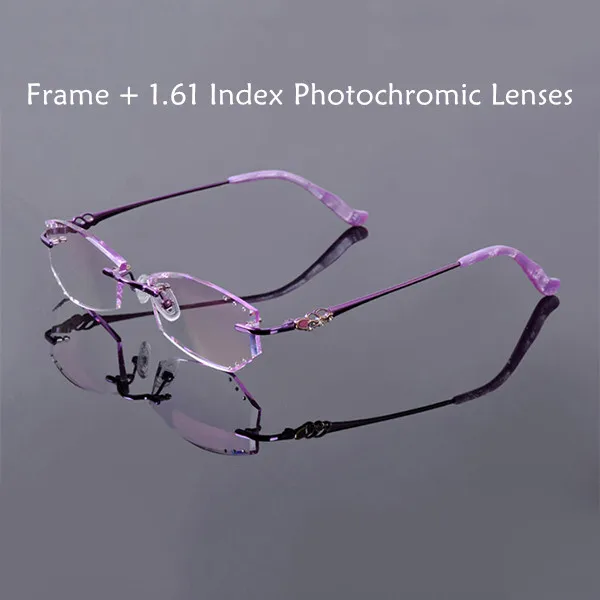 Purple Photochromic Титановые очки для женщин без оправы по рецепту для чтения близорукость фотохромные прогрессивные очки с кристаллами цветные линзы - Цвет оправы: Purple Photochromic