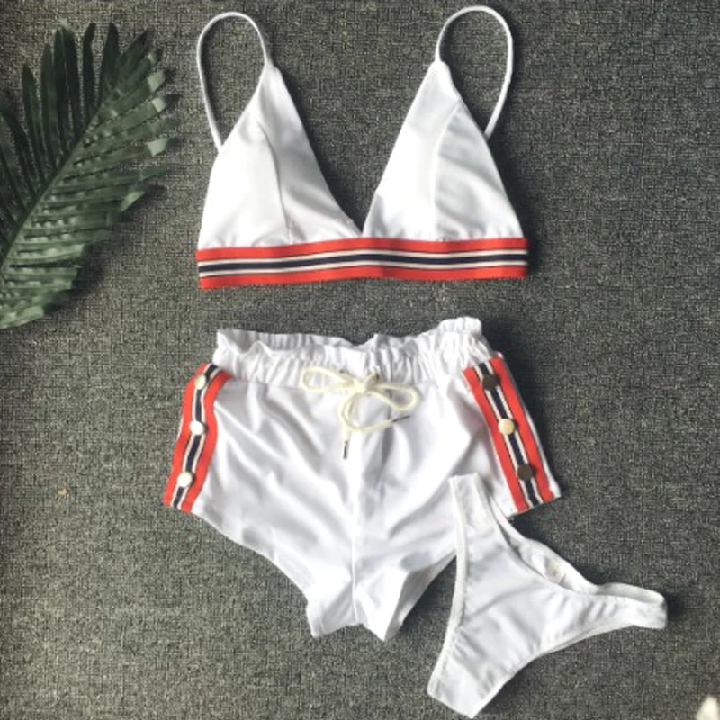 Комплект из 3 предметов Бикини высокой Waistd Плавание ming костюмы 2019 Новые пляжная небольшой Топ спортивный Плавание бикини комплект