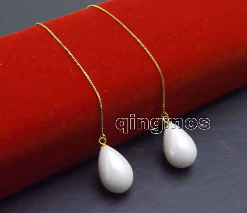 

Fashion Big 12*16mm White Drop Sea shell pearl and Gold-Color sterling silver s925 Ear Line dangle 4.5'' Earring-ear652