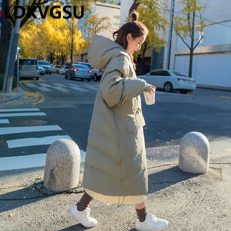 Корейская зимняя куртка женские длинные парки Свободное пальто с капюшоном