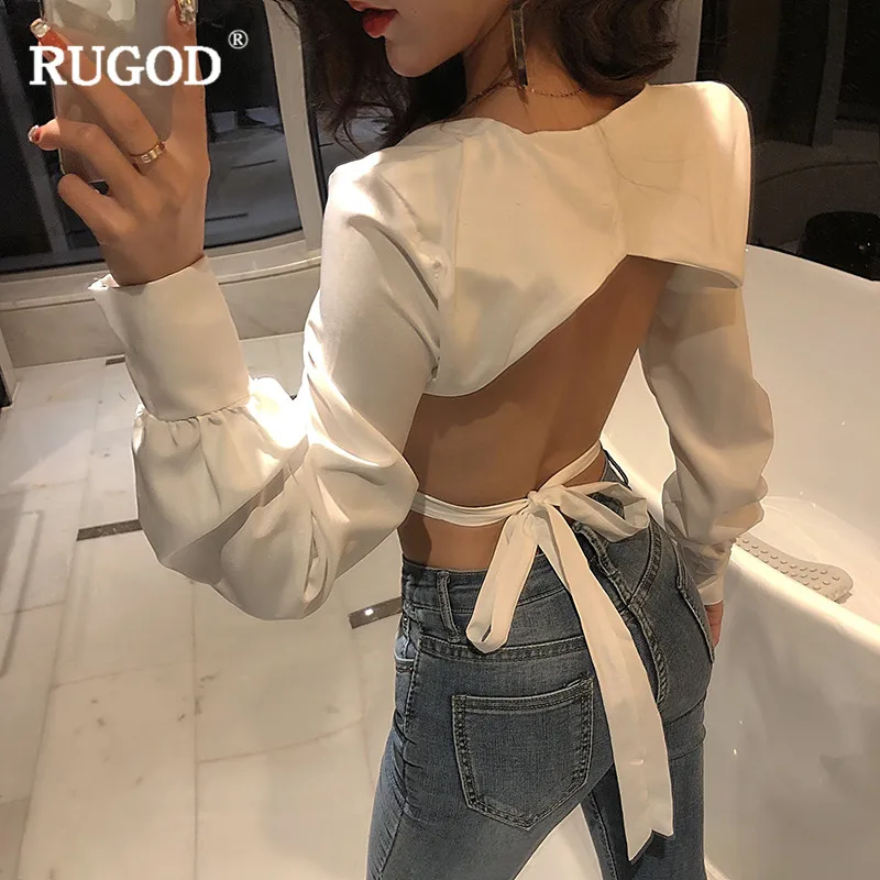 RUGOD Новая женская одноцветная блузка с длинным рукавом Летняя мода Белый Черный бэкесс укороченный топ элегантная Сексуальная рубашка Mujeres blusa