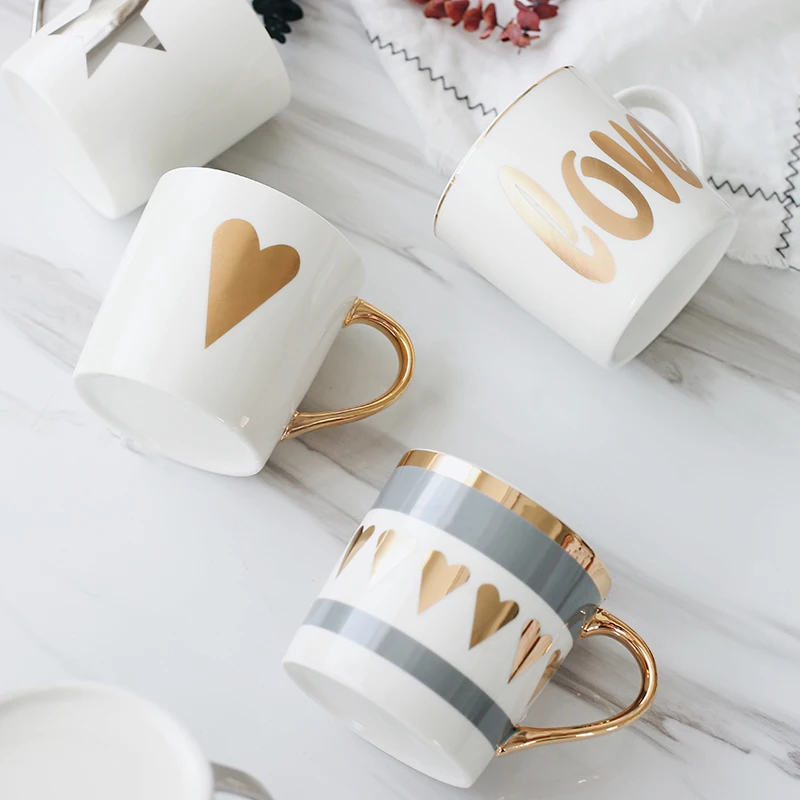 Кофейные чашки с молоком, кружки с надписью Love, фарфоровая кружка с золотым рисунком для офиса, кружка для воды, парная кружка, керамическая кружка, лучшие рождественские подарки