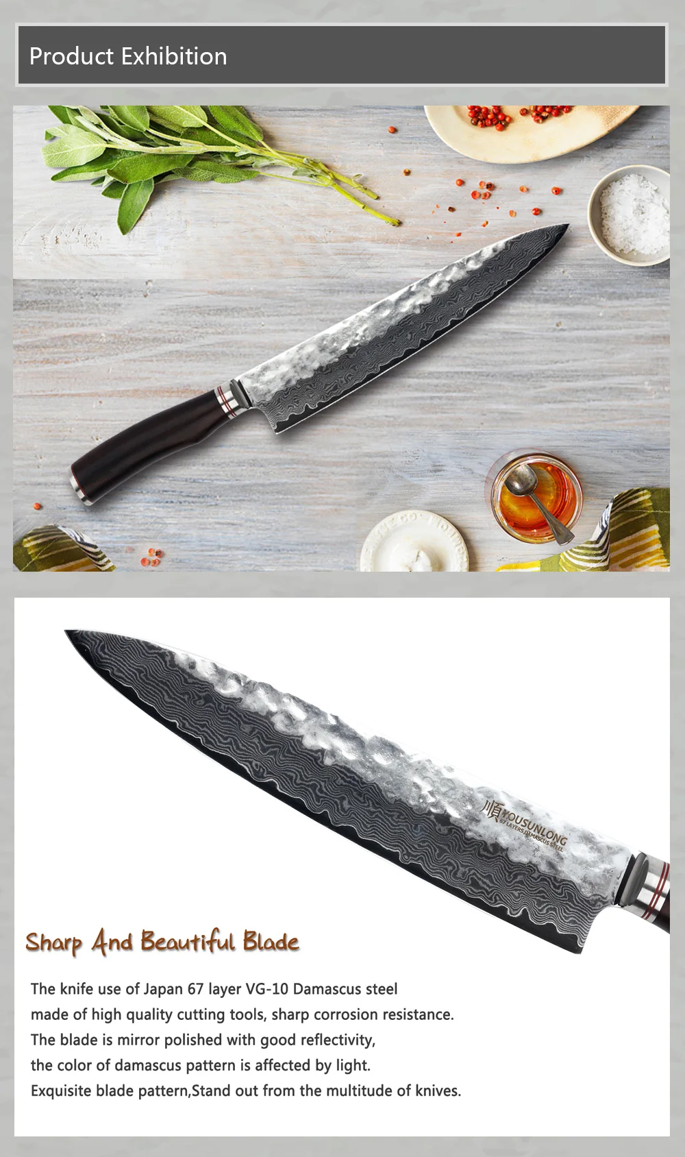 YOUSUNLONG японский нож 10 дюймов нож kitchen-VG10-Santoku-Meat нож-высокоуглеродистая Дамасская сталь-острое лезвие-ручка из черного дерева