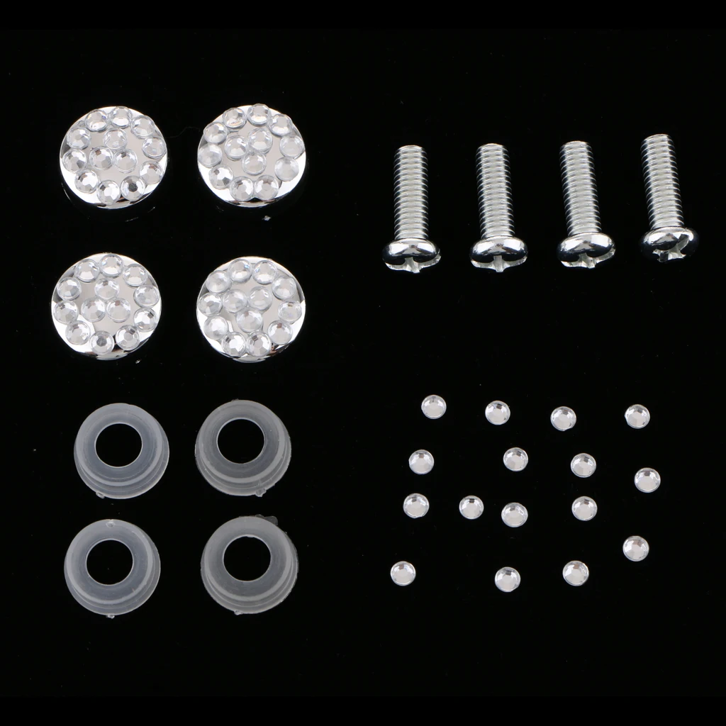 License Plate Tag Frame Fasteners Screws Bolts Chrome Diamante Caps Cover