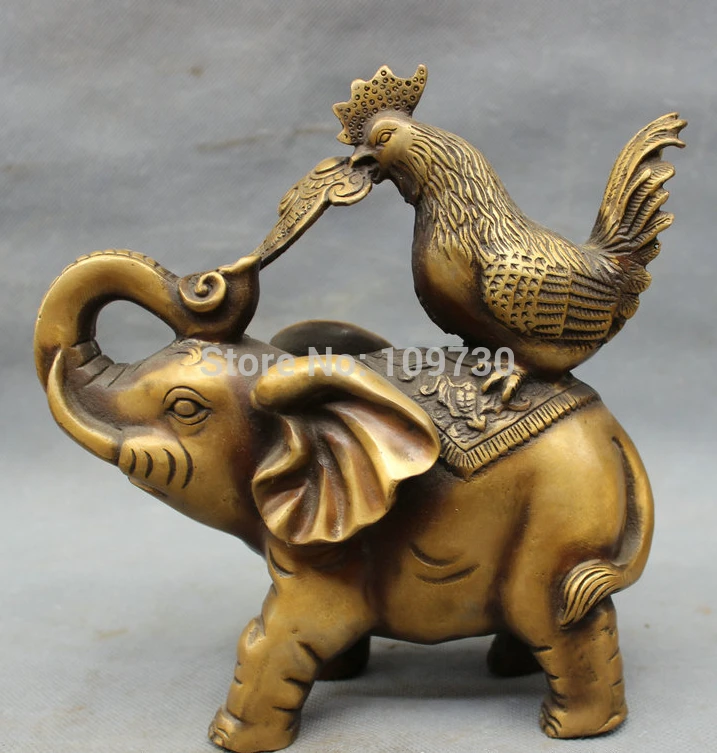 

003155 8" Folk Chinese Bronze RuYi Cock Rooster On Elephant Statue Animals Figurine