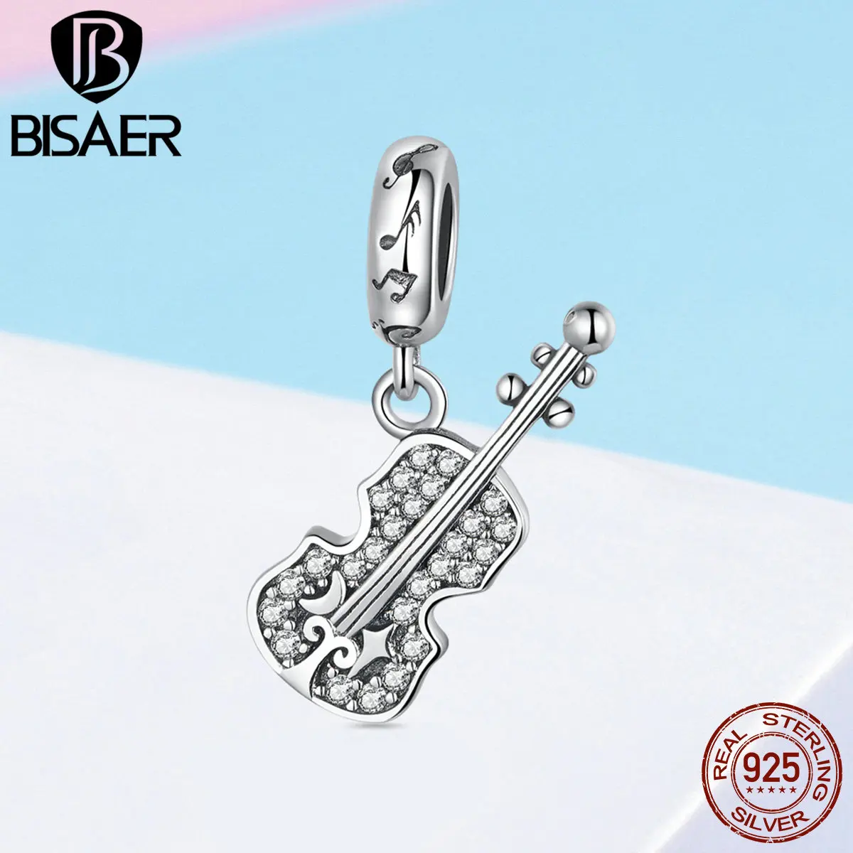 

BISAER Real 925 Sterling Silver Music Violin Charms Dazzling CZ Violin Beads fit for silver DIY Jewelry Making ECC1078