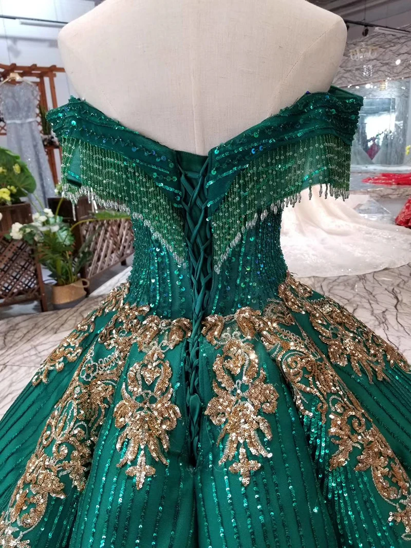 HTL139 swollen green evening dress 2020 tassel off the shoulder sweetheart lace up blue ball gown prom dress with golden sequins 4