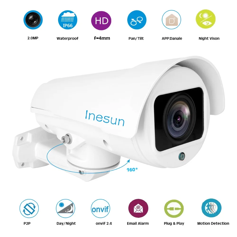

Inesun Outdoor Pan/Tilt IP Security Camera 2MP HD 1080p 4mm Lens Support Motion Detection IR Night Vision up to 100ft