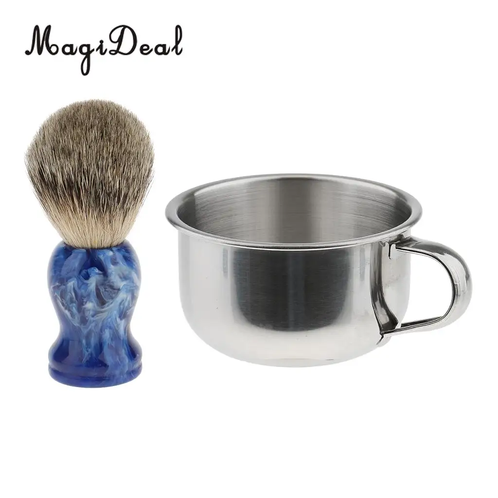 Set of 2pcs Premium Men Beard Moustache Shaving Brush + Stainless Steel Bowl Mug Cup with Handle Kit