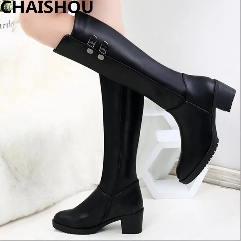

CHAISHOU winter boots women black round head with side zip and cashmere mid calf boots motorcycle boots women shoes F-145