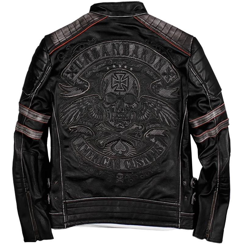 

Free shipping.2019 sales New Brand plus size black men skull leather Jackets men's genuine Leather biker jacket.motorbiker coat