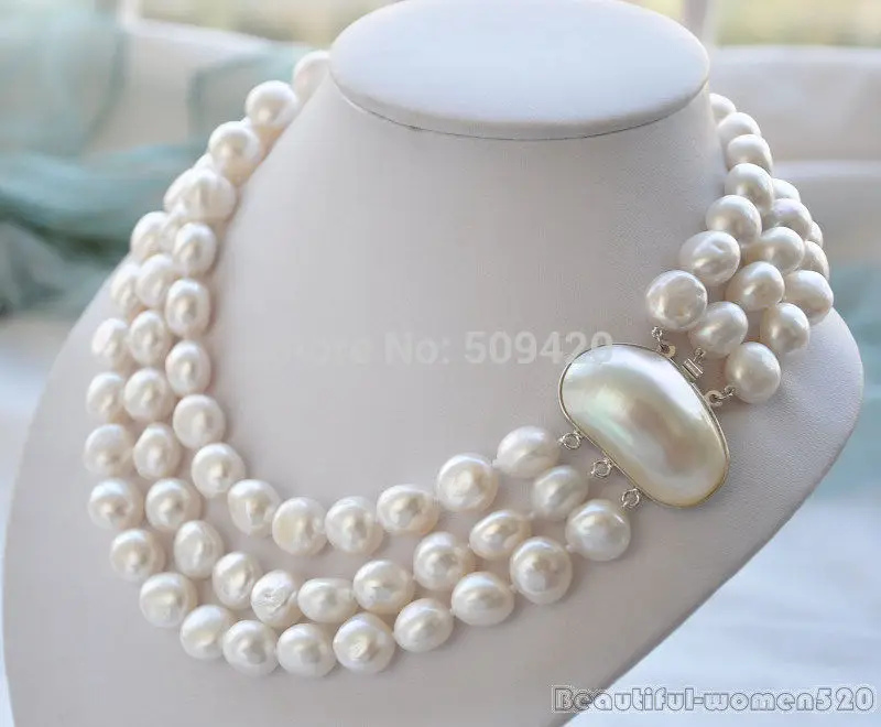 

Free Shipping 3ROW BAROQUE WHITE FRESHWATER PEARL NECKLACE MABE