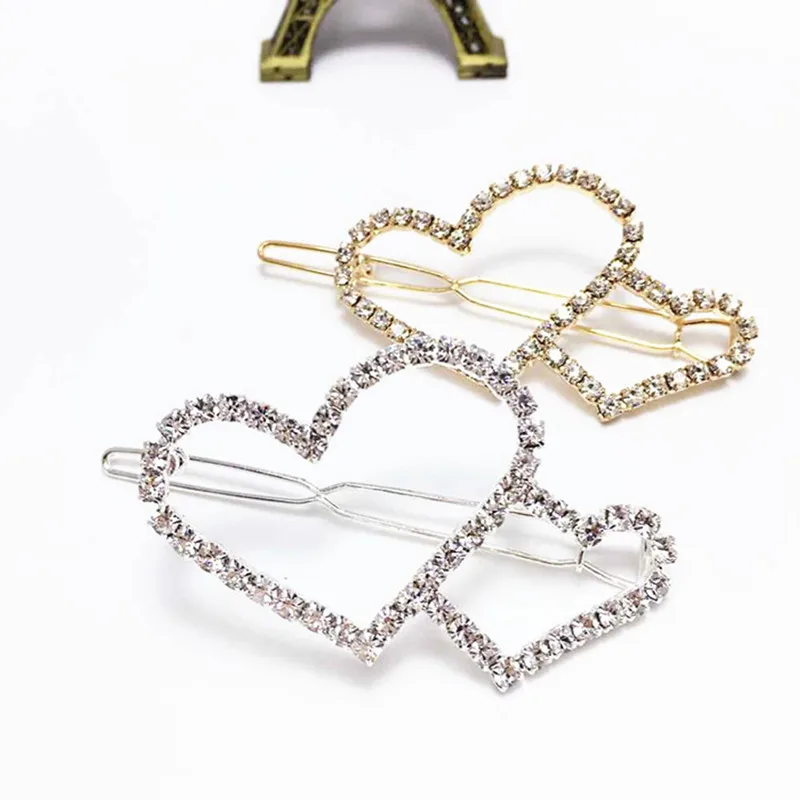 Fashion Women Sweet Double Heart Hairpins Clear Rhinestone Love Heart