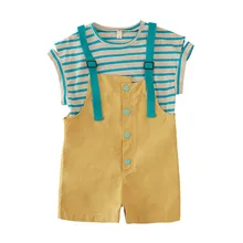 Летний джинсовый комбинезон в Корейском стиле для девочек; комплект из 2 предметов; детский хлопковый Свободный комбинезон; Комбинезоны на лямках; короткие штаны; футболка в полоску; Z981