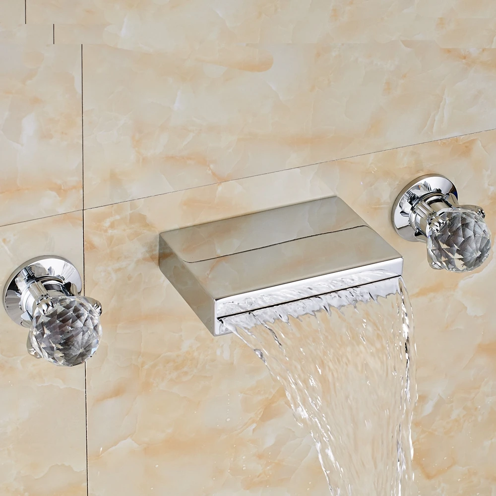 Chrome Waterfall Wall Mounted Bathroom Basin Faucet Dual Glass Handles