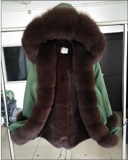 Брендовая стильная зимняя куртка женская новая длинная парка пальто из натурального меха большой енот меховой воротник с капюшоном парки толстая верхняя одежда - Цвет: green 2