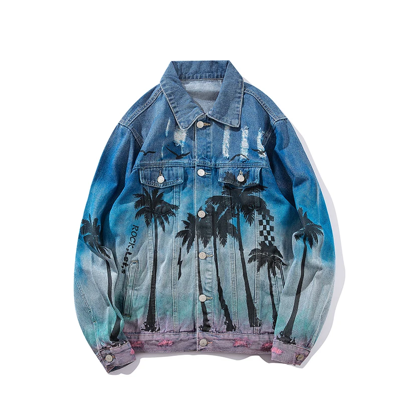 UNCLEDONJM Palm tree denim outerwear coat mens clothing urban streetwear hip hop jacket for men destroyed jeans jacket men 231W UNCLEDONJM Palm tree denim outerwear coat mens clothing urban streetwear hip hop jacket for men destroyed jeans jacket men 231W
