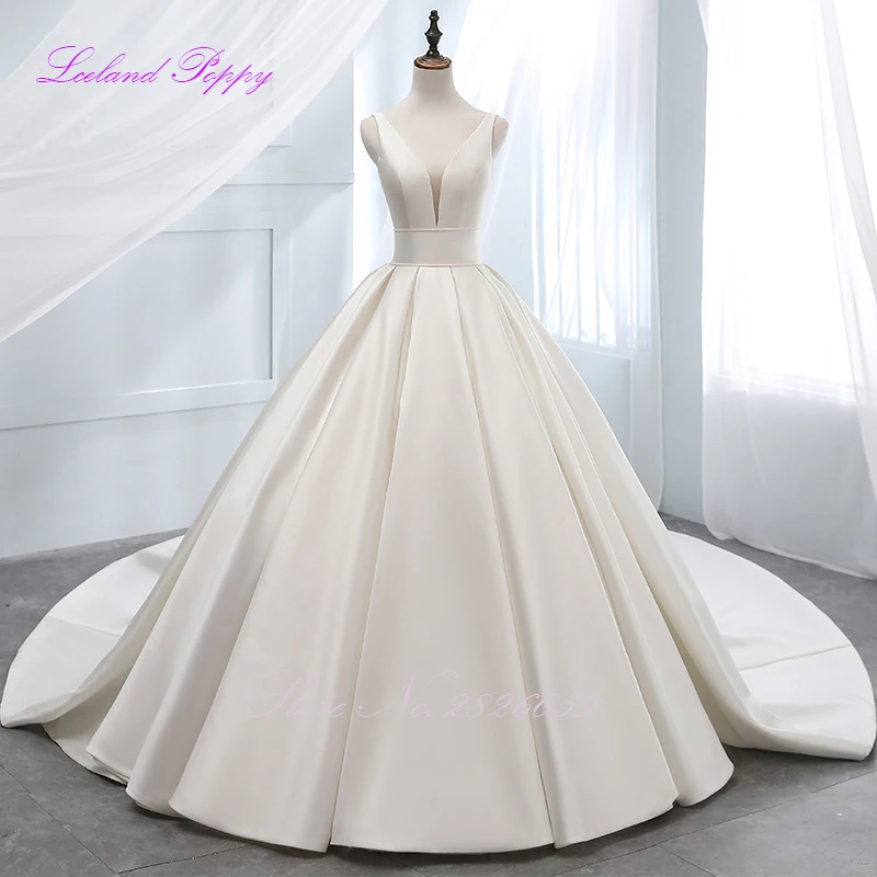 Lceland Poppy A Line V Neck Satin Wedding Dresses Cathedral Train Floor Length Sleeveless Vestido de Novia Bridal Gowns | Свадьбы и