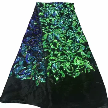

High quality Velvet fabric African nigerian embroidered sequins lace fabric latest mesh green purple pink gold color lace fabric