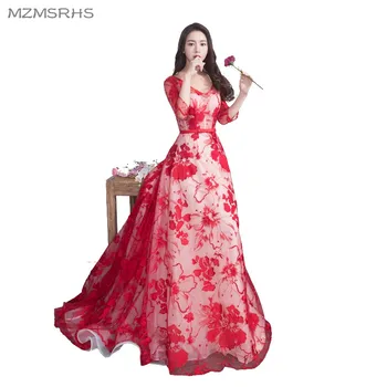 

MZMSRHS luxury Red Lace Long Prom Dresses 2018 V Neck Formal Party Gala Dress 3/4 Sleeve Flormal Evening Gowns