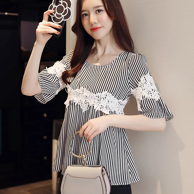 

Summer New Women's Loose Striped Tops Fashion Large Size Lace Stitching Shirts Casual Streetwear Tops And Blouses