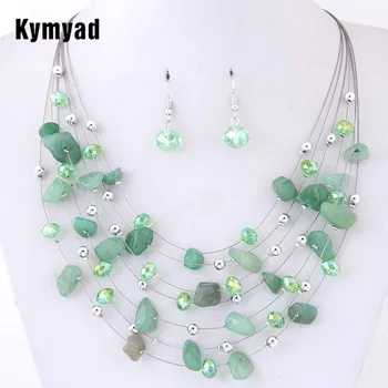 

Kymyad Bohemian Jewelry Sets For Women Multilayer Crystal Silver African Beads Stone Jewelry Set Statement Necklace Earrings Set